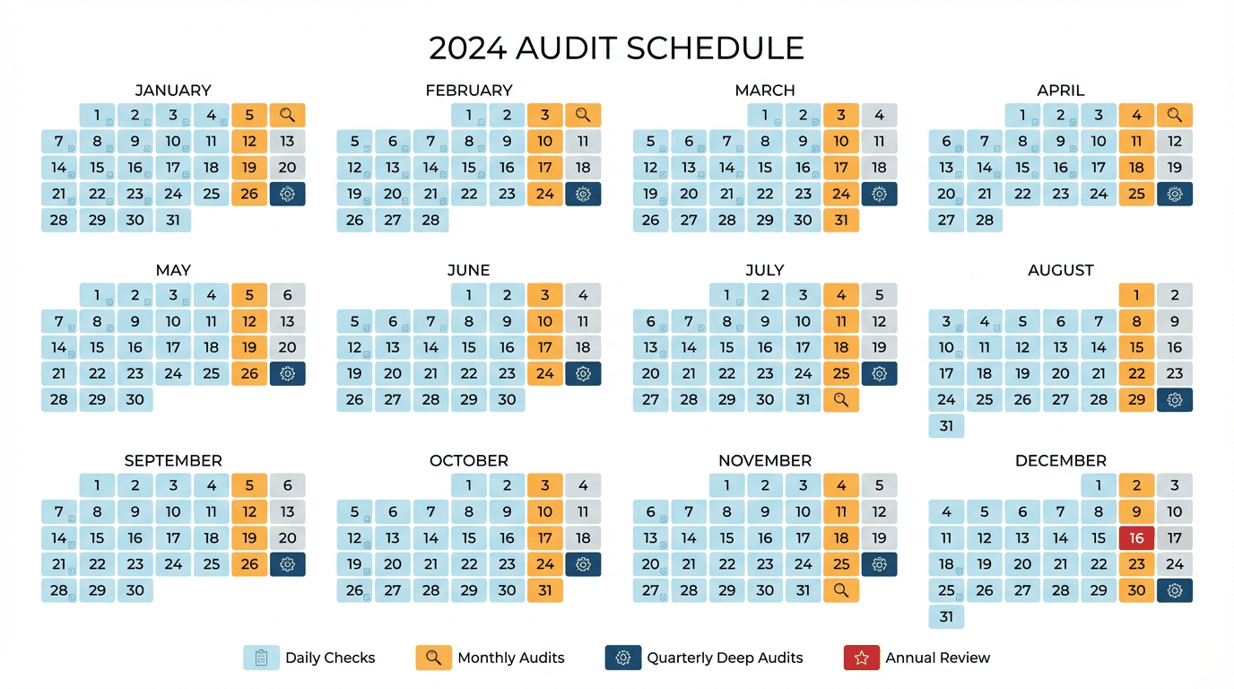 Calendrier annuel des fréquences d'audit compte Amazon (quotidien, mensuel, trimestriel, annuel)